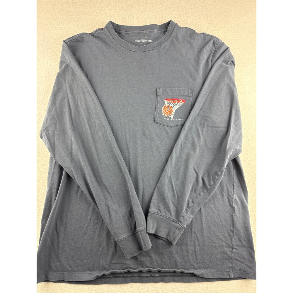 Vineyard Vines Men's Long Sleeve Pocket Tee in Charcoal with Orange Graphic